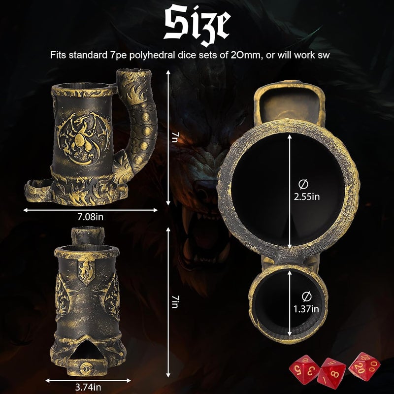 Luazuri Store Mug Dice Tower - Dice Rolling Tower,(7PCS D20 Dice Set Included) for DND Gift and Dungeons and Dragon, Tabletop Games, Drink Holder, Tavern Style Board Game Roller (Gold) - Image 4